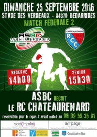 Rugby : ASBC / R.C.CHATEAURENARD. Le dimanche 25 septembre 2016 à Bédarrides. Vaucluse.  14H00